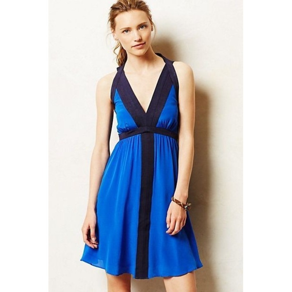 Aryn K Anthropologie Blue and Black Dress Halter Dress Deep V Neck‎ Size Medium